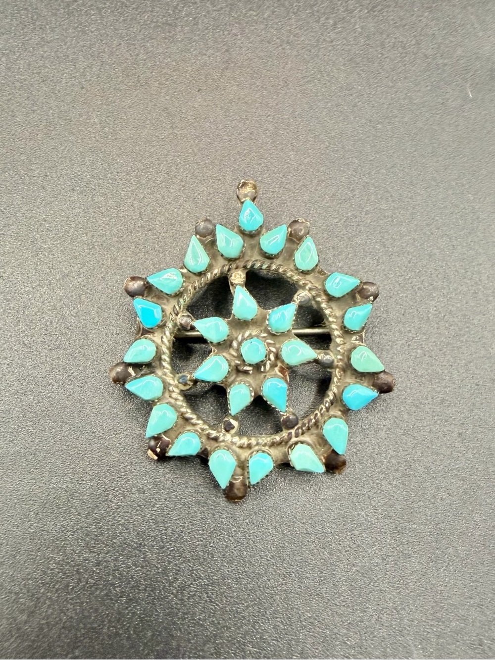 Vintage Sterling Silver 925 Zuni Petit Point Turquoise Cluster Flower Brooch Pin